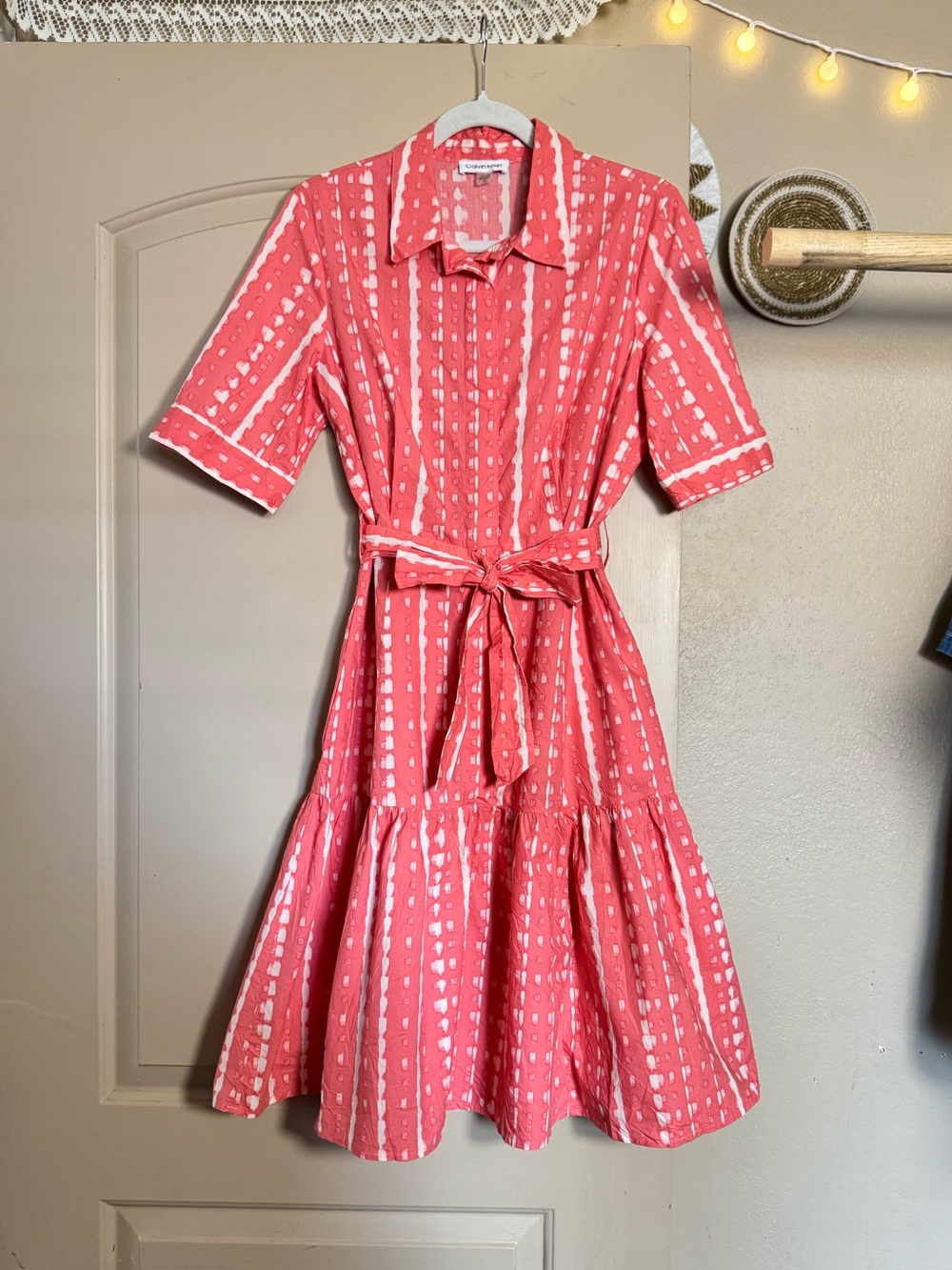 Calvin Klein Pink Cotton Printed Button- Up Dress | Size   8